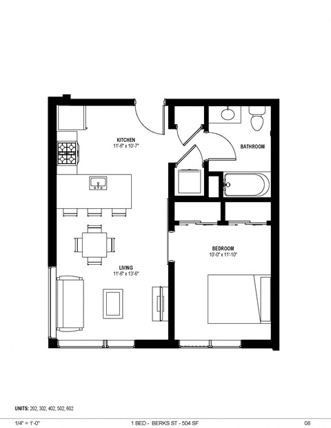 Floor plan for 1 bed, 1 bath, 568 sqft